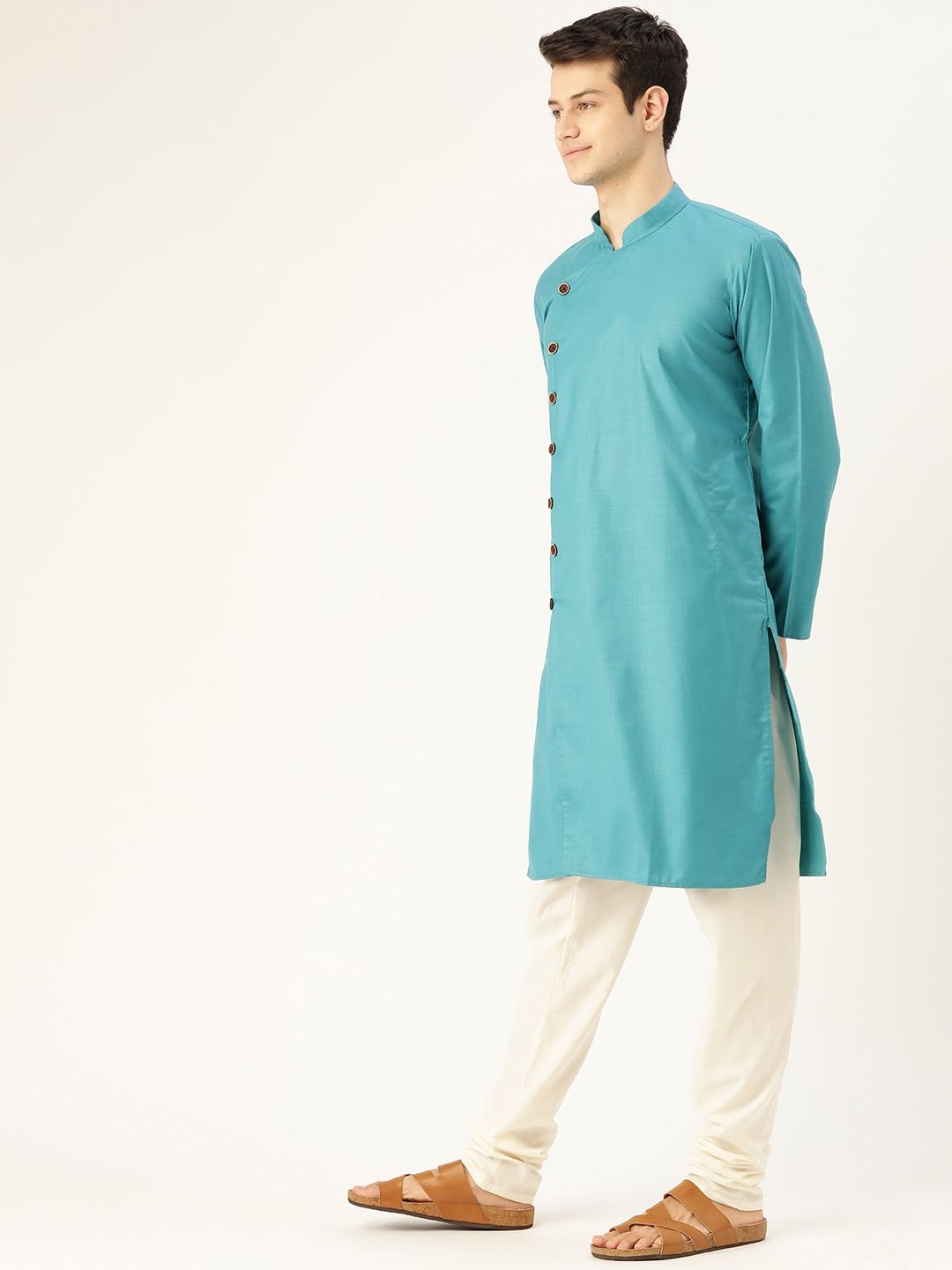 SOJANYA Men Blue Solid Straight Angrakha Kurta