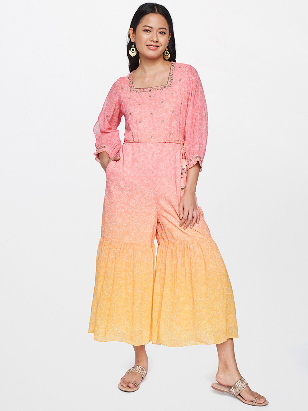 Global Desi Pink & Yellow Printed Basic Jumpsuit
