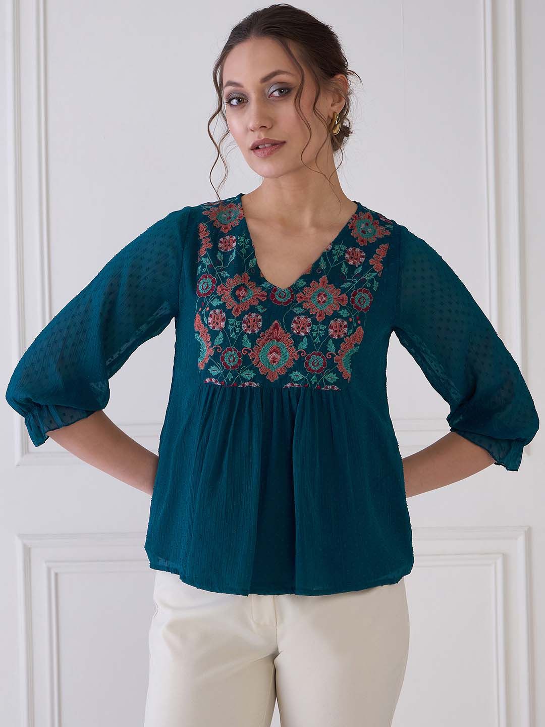 Antheaa Floral Print Chiffon Top