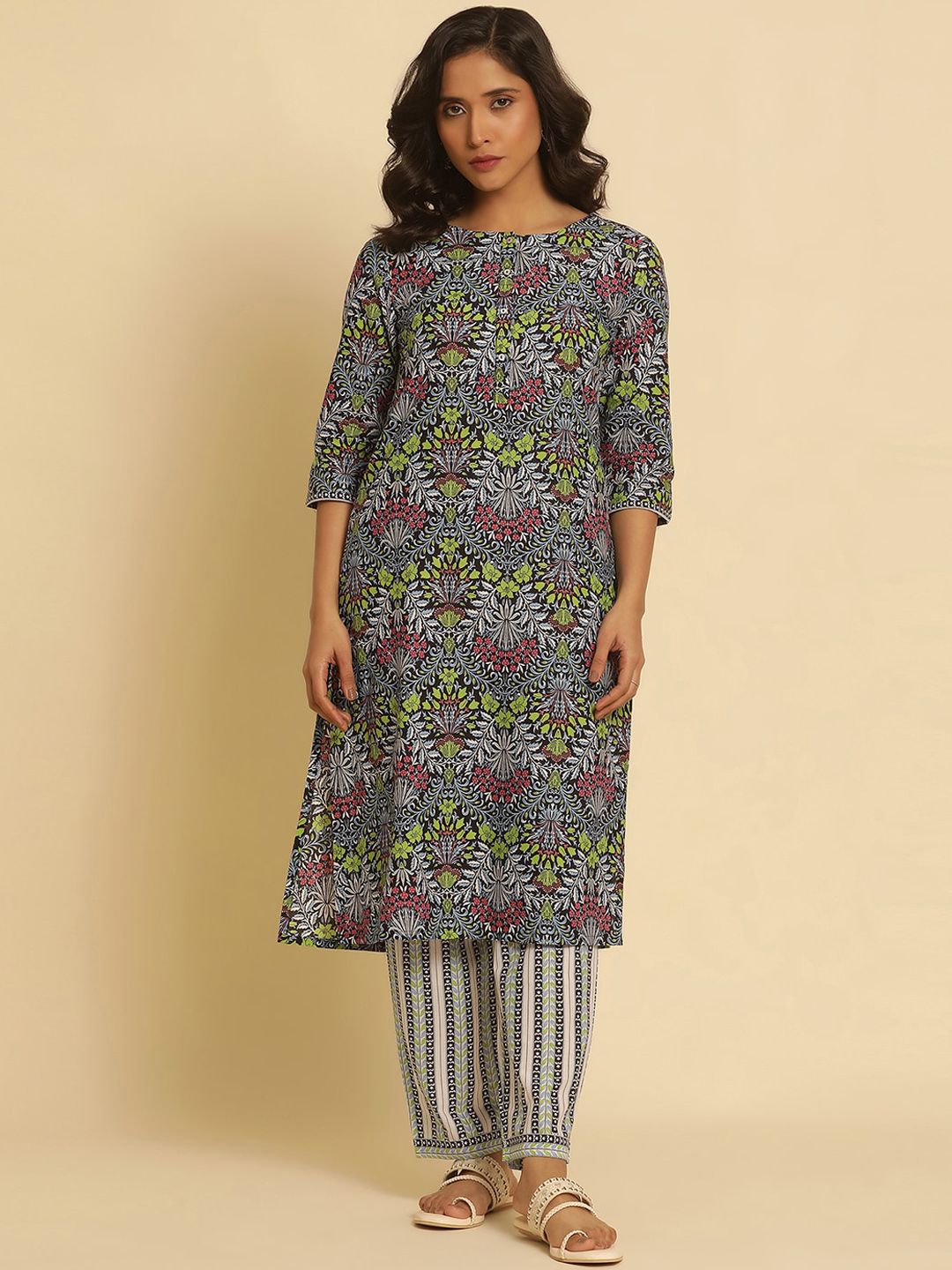 W Floral Printed Round Neck Pure Cotton Straight Kurta With Trouser