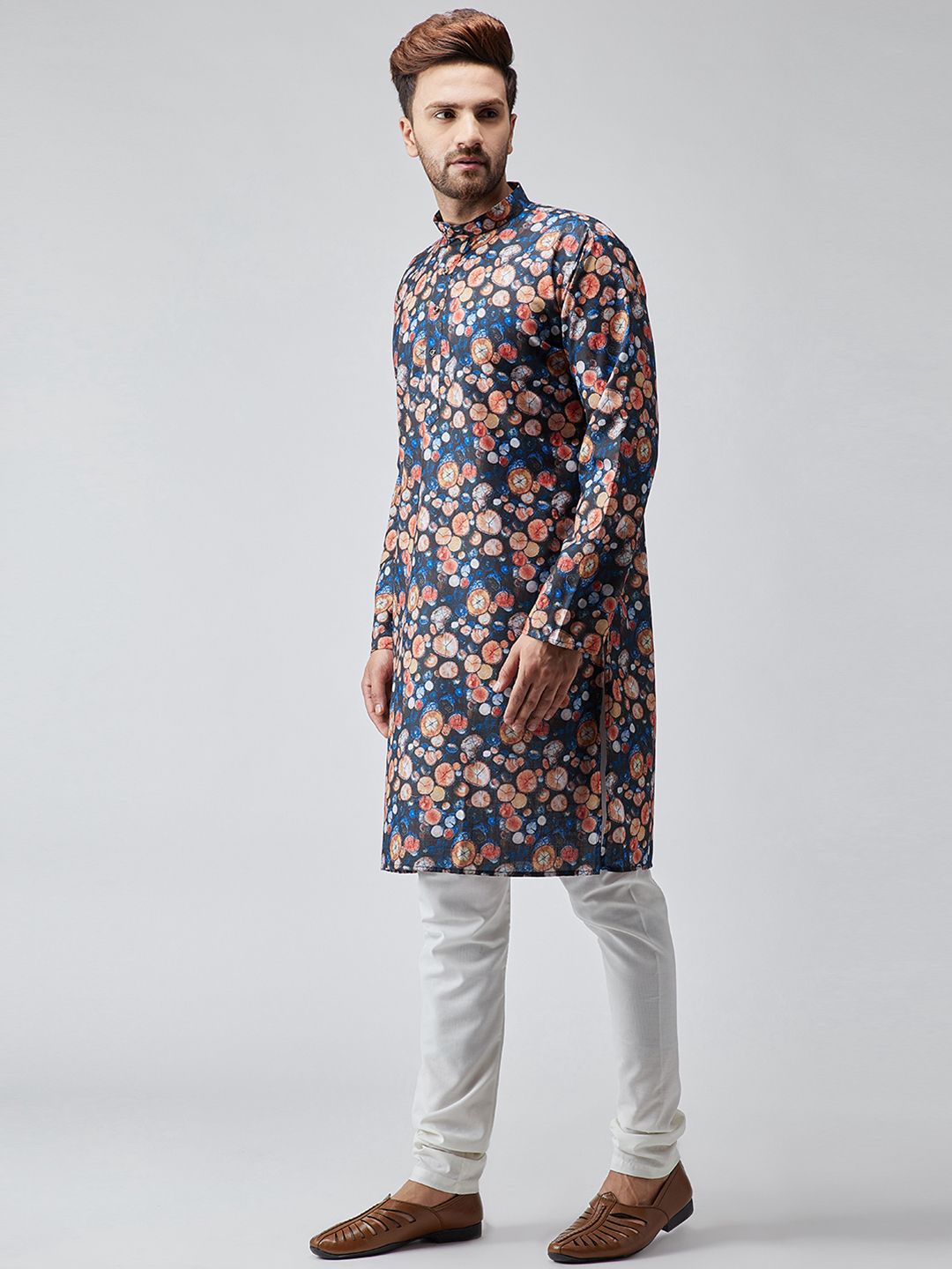SOJANYA Kurta Lurus Bercetak Biru & Jingga Lelaki
