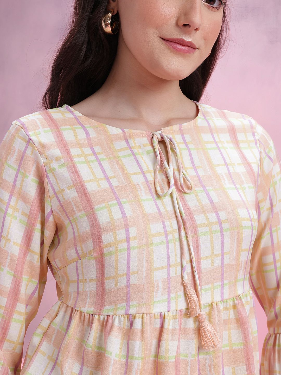 DressBerry Checked Tie-Up Neck Bell Sleeve Top
