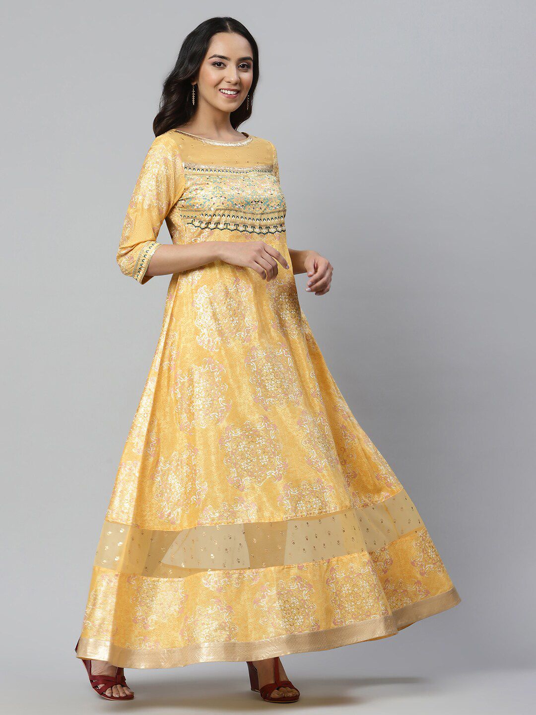 AURELIA Yellow Ethnic Motifs Satin Maxi Dress