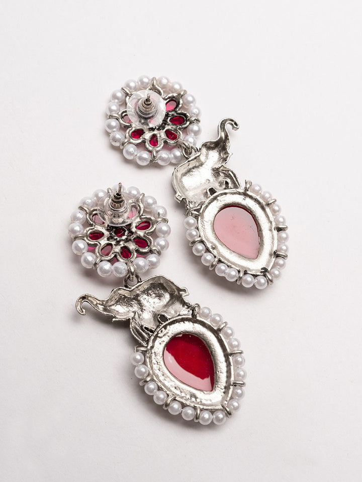 PANASH Silver-Plated Stones Studded And Beaded Animal Shaped Oxidised Drop Earrings
