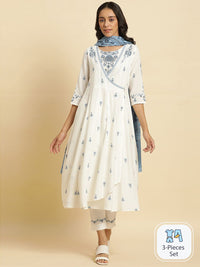 W White Floral Printed Angrakha Kurta with Trousers & With Dupatta