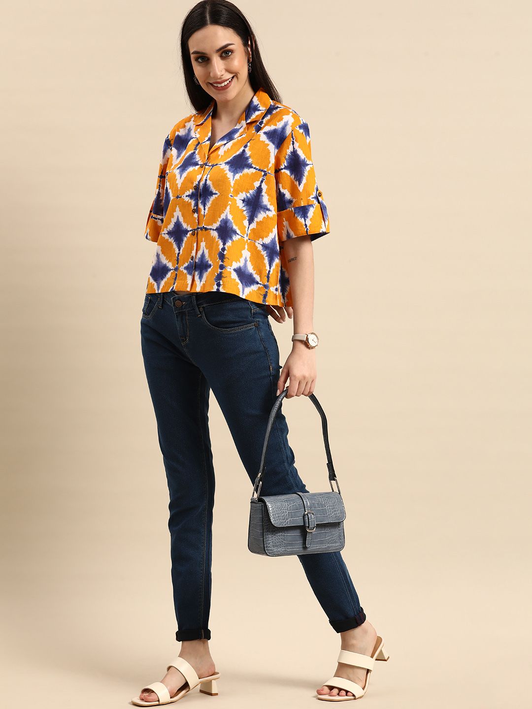 Anouk Yellow Tie and Dye Print Shirt Style Top