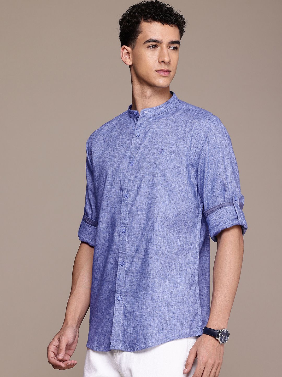 French Connection Slim Fit Band Collar Roll-Up Sleeves Casual Shirt