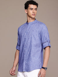 French Connection Slim Fit Band Collar Roll-Up Sleeves Casual Shirt