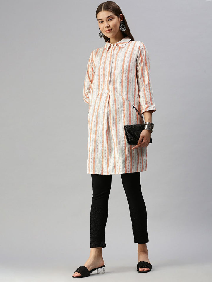 Global Desi Coral & White Shirt Collar Striped Tunic