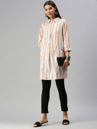 Global Desi Coral & White Shirt Collar Striped Tunic