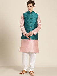 SOJANYA Men Pink  & Beige Striped Thread Work Straight Kurta Churidar Nehru Jacket