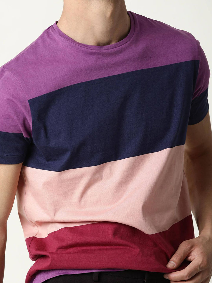 RARE RABBIT Men Purple Colourblocked Pure Cotton Slim Fit T-shirt