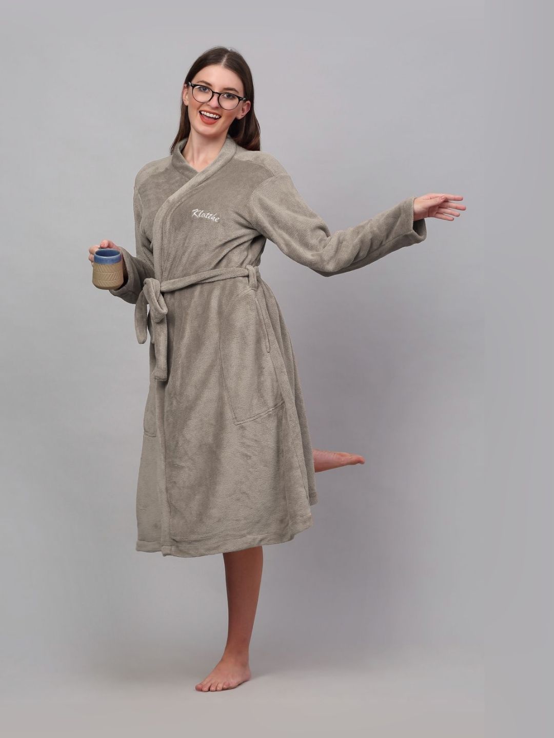 KLOTTHE Women Woolen Shawl Collar Bath Robe With Belt