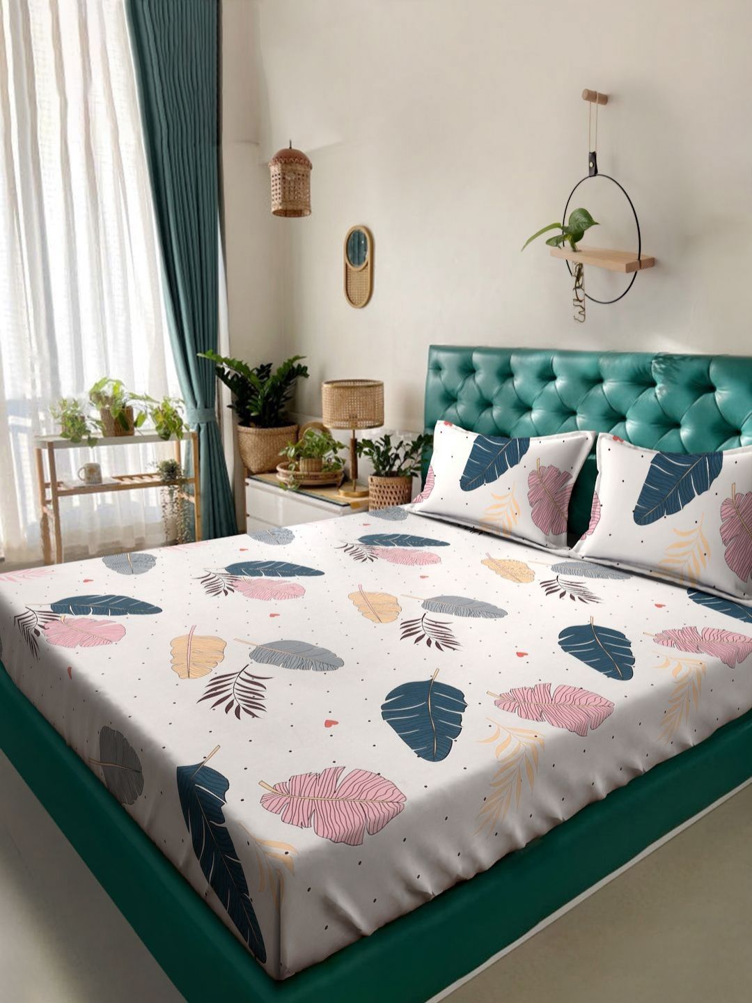 Aura Cream Leaf Polycotton 300 TC Fitted King Fine Bedsheet dengan 2 Sarung Bantal-98 x 89 inci