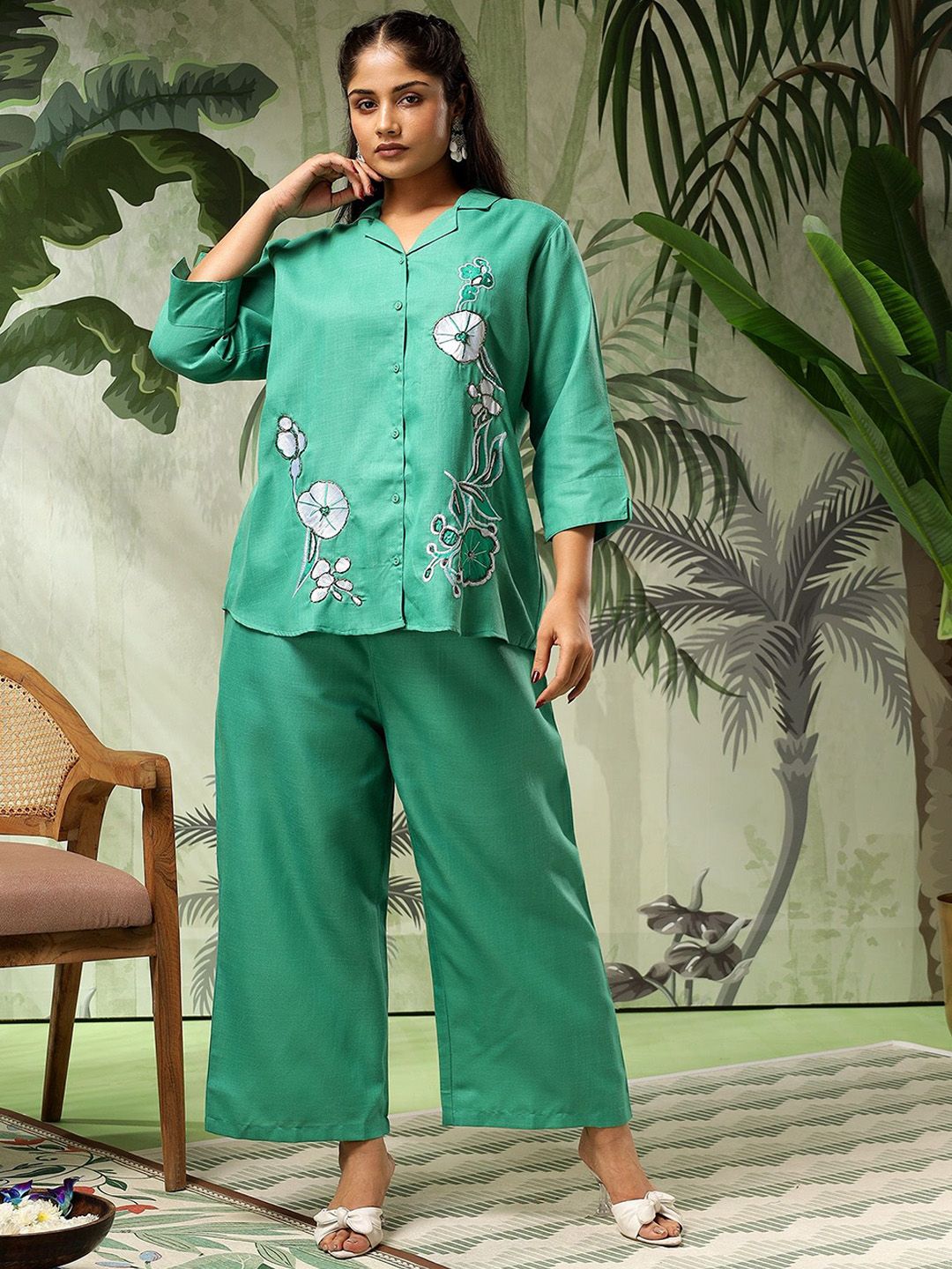 Bani Women Plus Size Floral Embroidered Shirt Collar Shirt & Palazzo