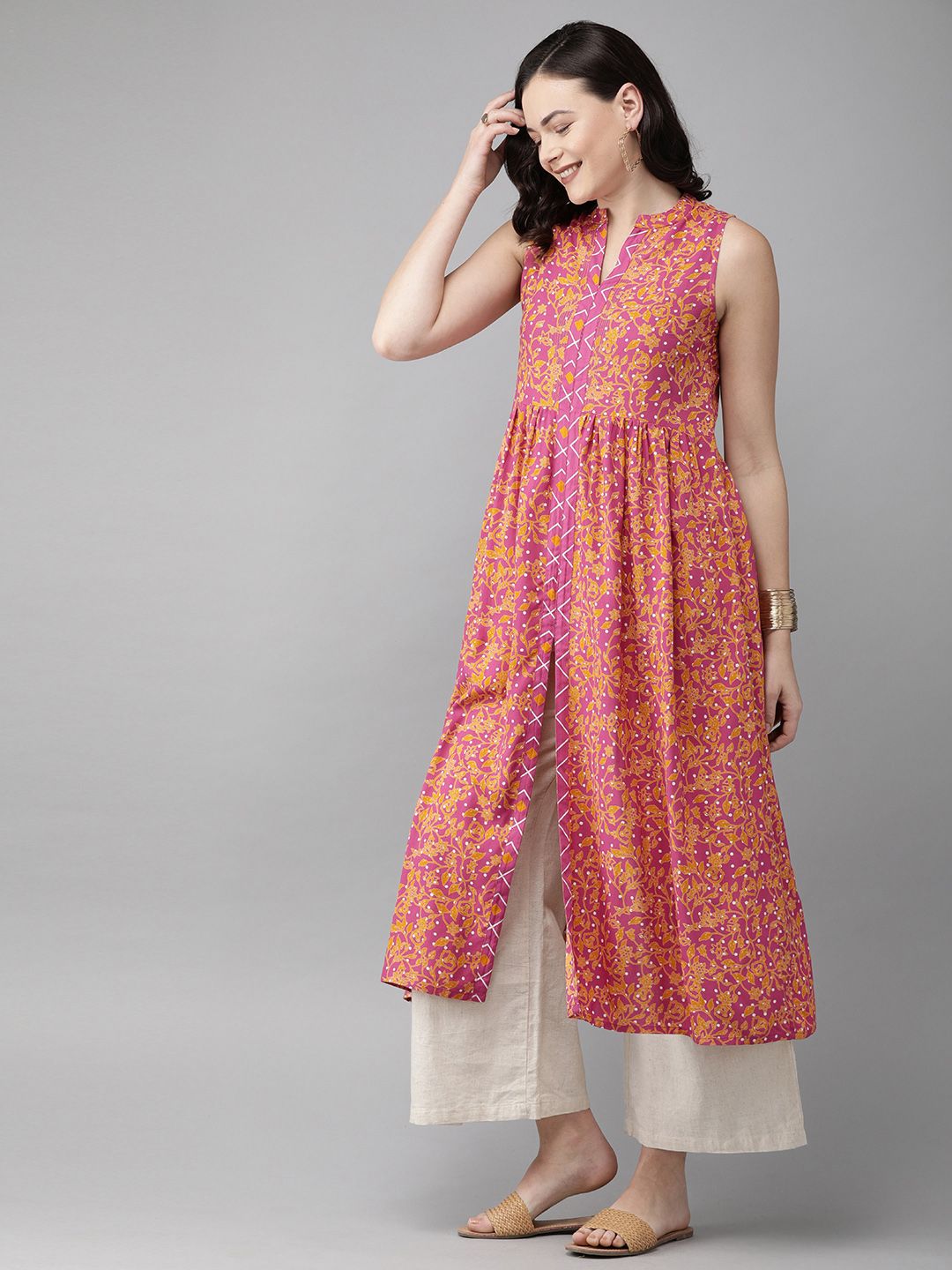 Anouk Women Pink & Mustard Yellow Printed A-Line Kurta