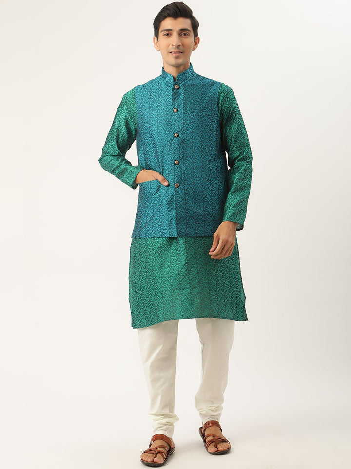 SOJANYA Men Green & Teal Blue Woven Design Kurta with Churidar & Nehru Jacket