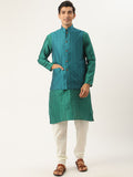 SOJANYA Men Green & Teal Blue Woven Design Kurta with Churidar & Nehru Jacket