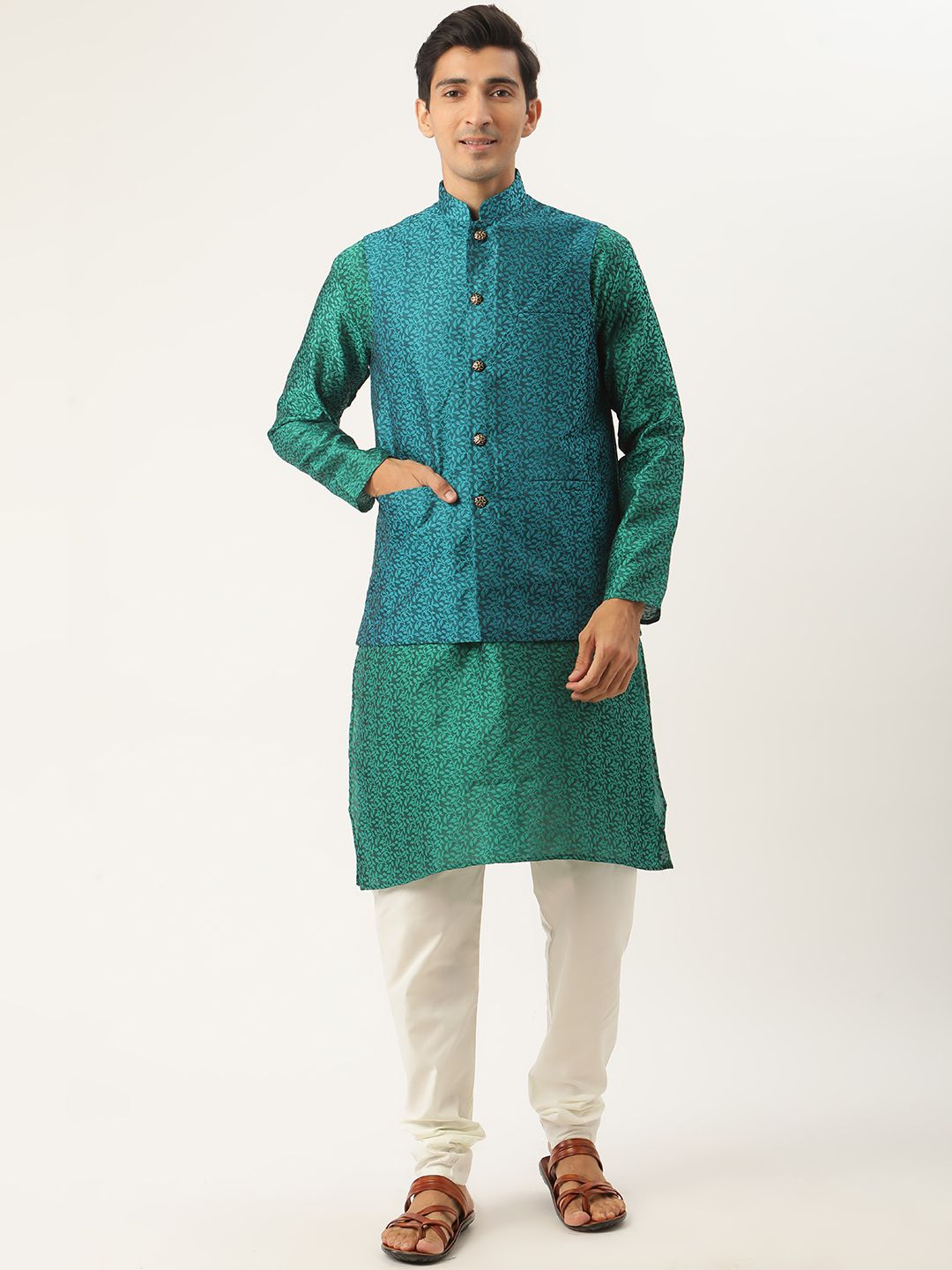 SOJANYA Men Green & Teal Blue Woven Design Kurta with Churidar & Nehru Jacket
