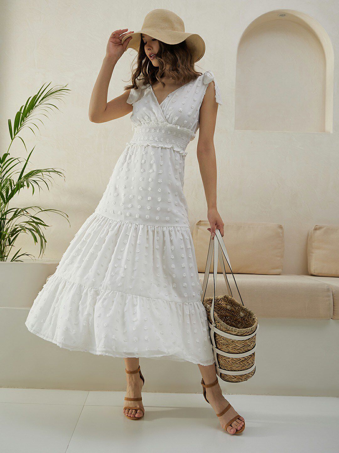 Berrylush White Self Design V-Neck Smocked Maxi Dress