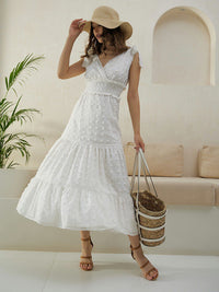 Berrylush White Self Design V-Neck Smocked Maxi Dress