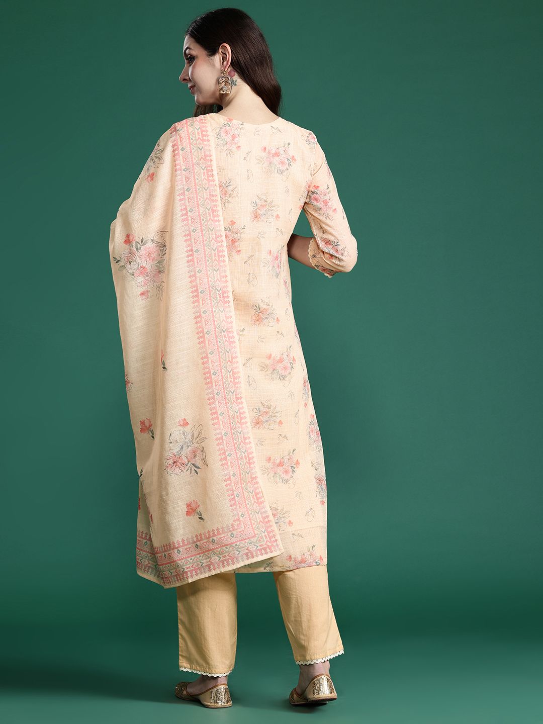 Indo Era Floral Embroidered Sequinned Linen Kurta with Trousers & With Dupatta