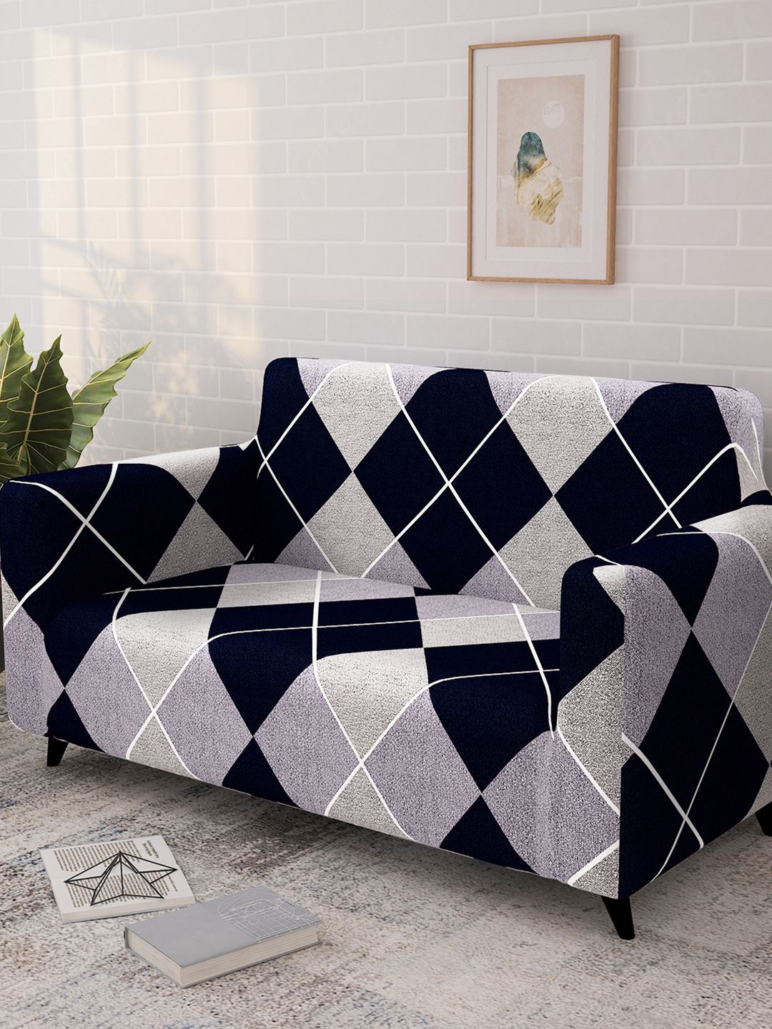 Story@home Navy Blue & White Printed 2 Seater Stretchable Sofa Cover With Arms