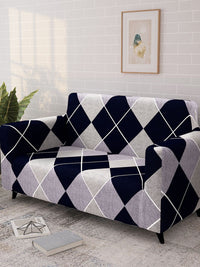 Story@home Navy Blue & White Printed 2 Seater Stretchable Sofa Cover With Arms
