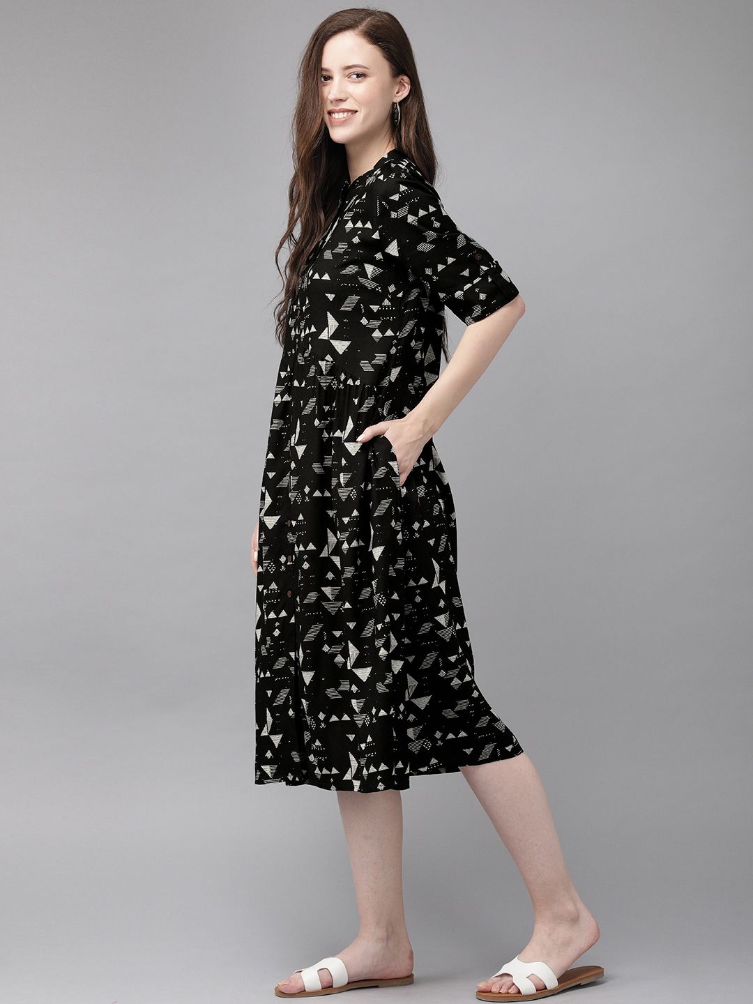 Anouk Women Black & White Printed Fusion A-Line Kurta