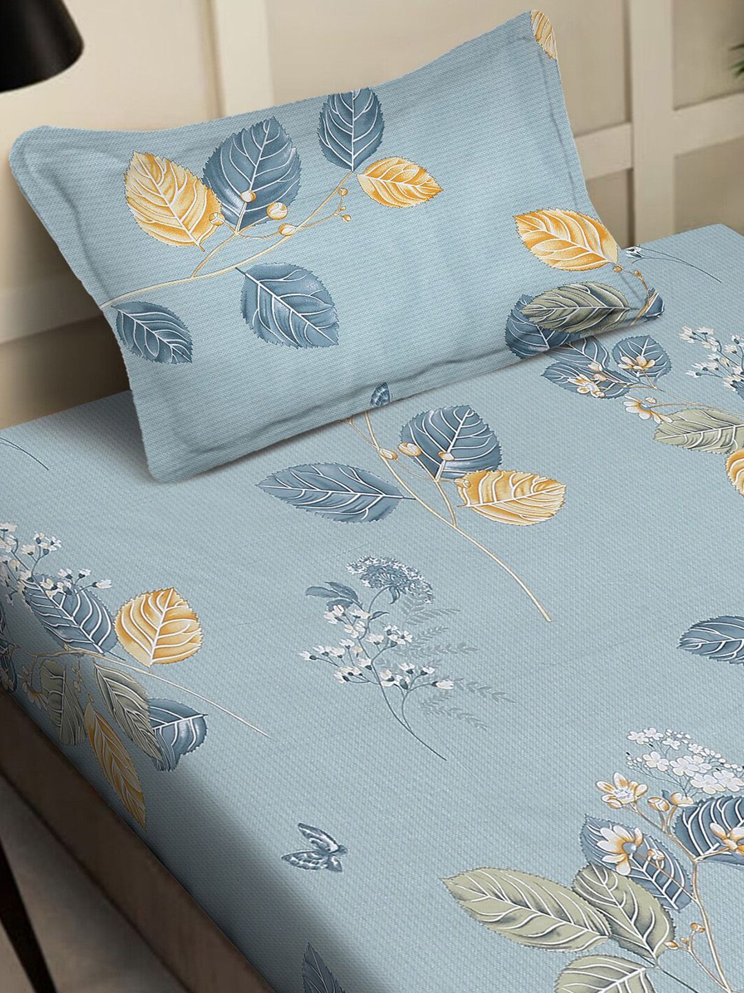 KLOTTHE Blue Floral Cotton 400 TC Single Cadar Superfine dengan Sarung Bantal-89 x 59 inci