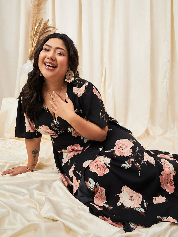 Berrylush Curve Plus Size Floral Printed Flared Sleeve Ruffled Crepe Maxi Dress