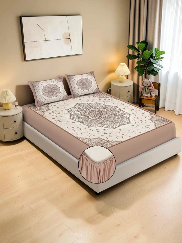 KLOTTHE Berwarna Krim & Coklat Floral 400 TC Cadar King dengan 2 Sarung Bantal