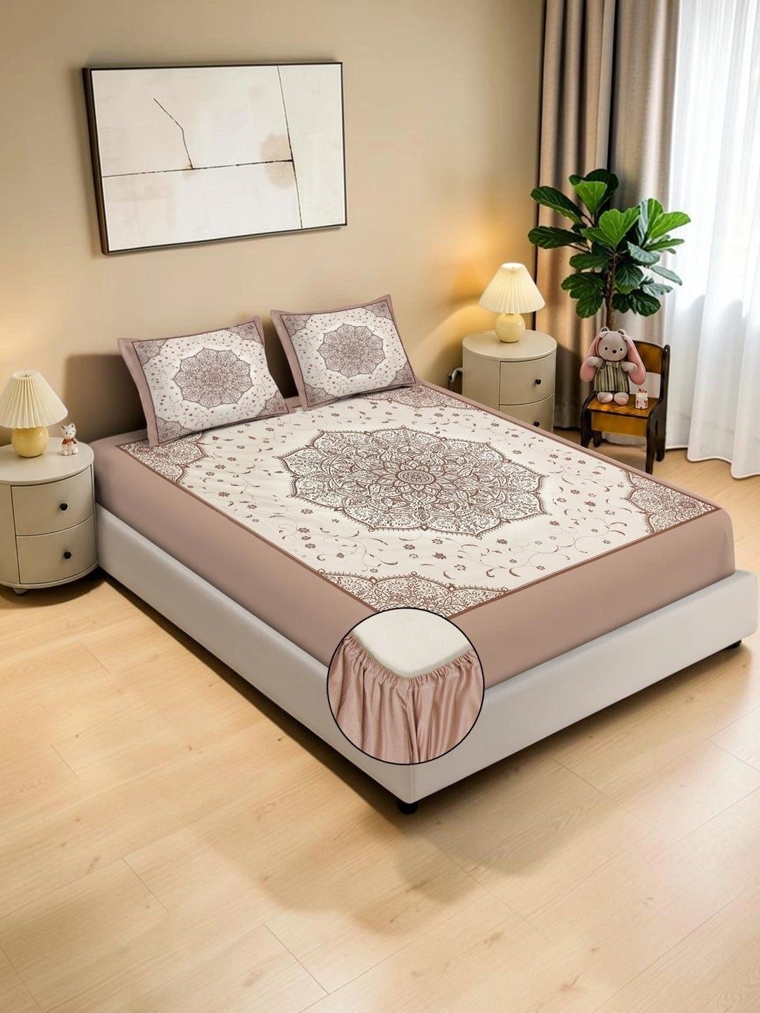 KLOTTHE Berwarna Krim & Coklat Floral 400 TC Cadar King dengan 2 Sarung Bantal