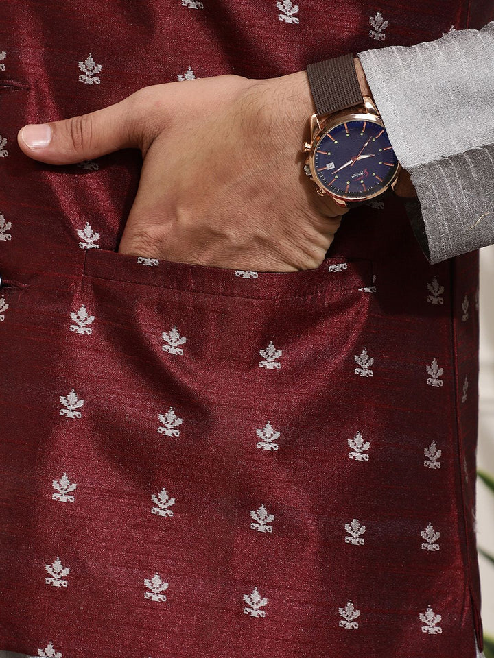 SOJANYA Set Kurta Solid Melange Kelabu Lelaki Dengan Jaket Bercetak