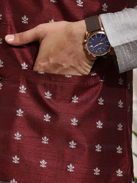 SOJANYA Set Kurta Solid Melange Kelabu Lelaki Dengan Jaket Bercetak
