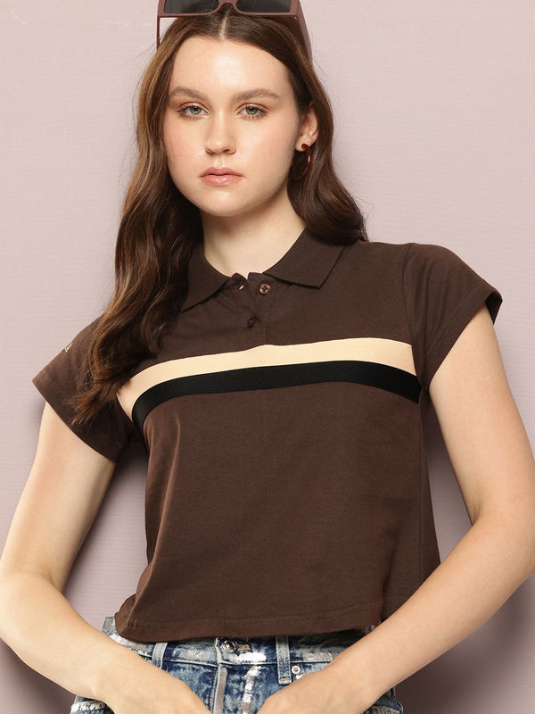 DILLINGER Striped Polo Collar Crop Pure Cotton T-shirt