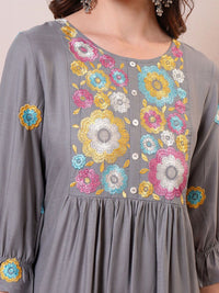 Vishudh Grey Floral Embroidered Round Neck Fit & Flare Midi Dress