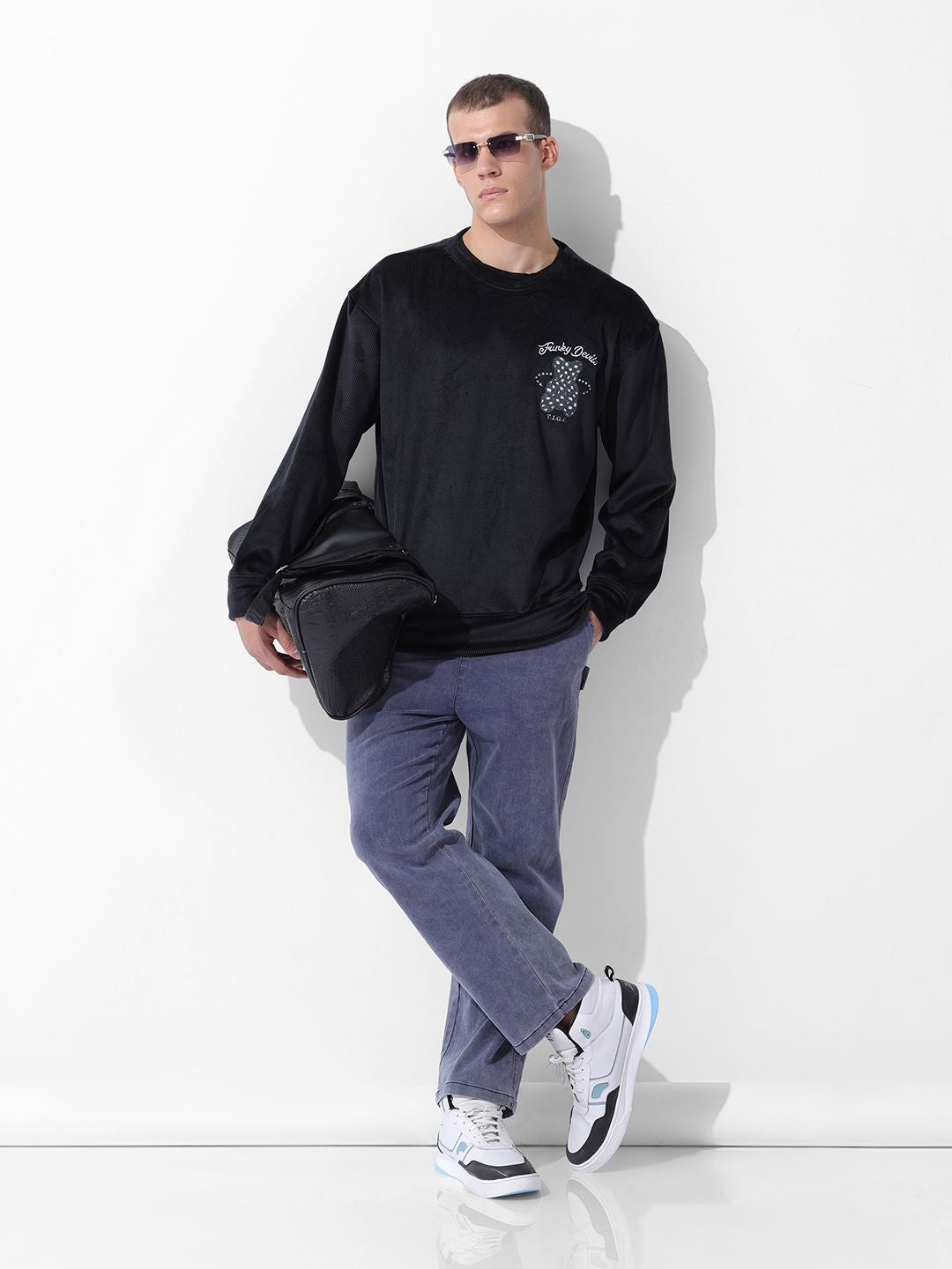 The Indian Garage Co Men Oversized Self Design Corduroy Crew Neck Sweatshirt