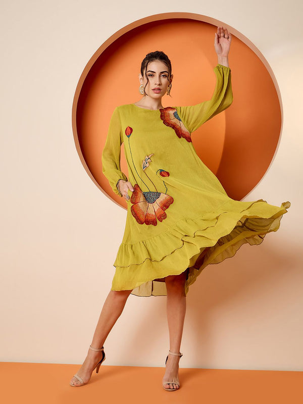 Antheaa Chiffon Embroidered A-Line Knee Length Dress