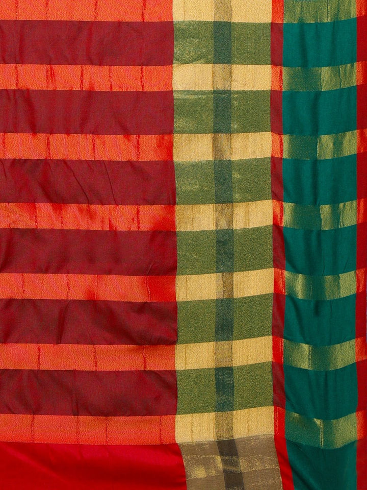 Saree mall Red & Gold-Toned Silk Cotton Colourblocked Kanjeevaram Saree