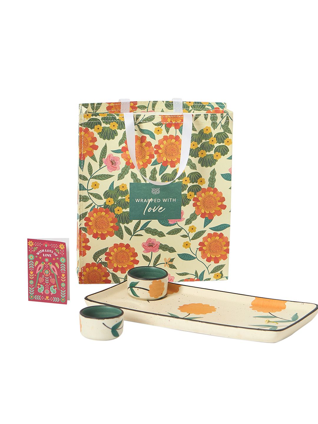 Chumbak White Marigold Handpainted Chip & Dip Platter