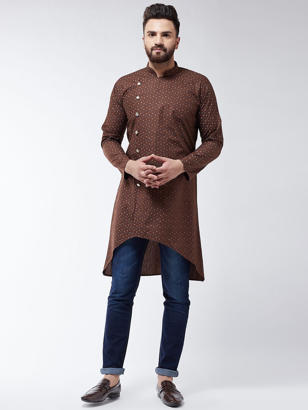 SOJANYA Men Brown Printed Cotton Linen Straight Kurta
