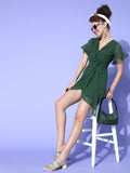 Berrylush Women Gorgeous Green Self-Design 70s Mini Dress