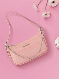 Lino Perros Peach-Coloured Croc Textured Baguette Bag