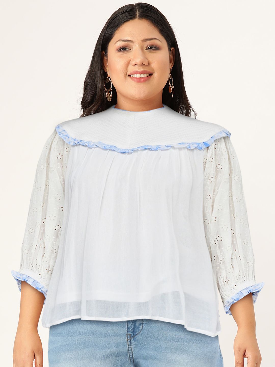 AND Smocked Detail Schiffli Puff Sleeve Top