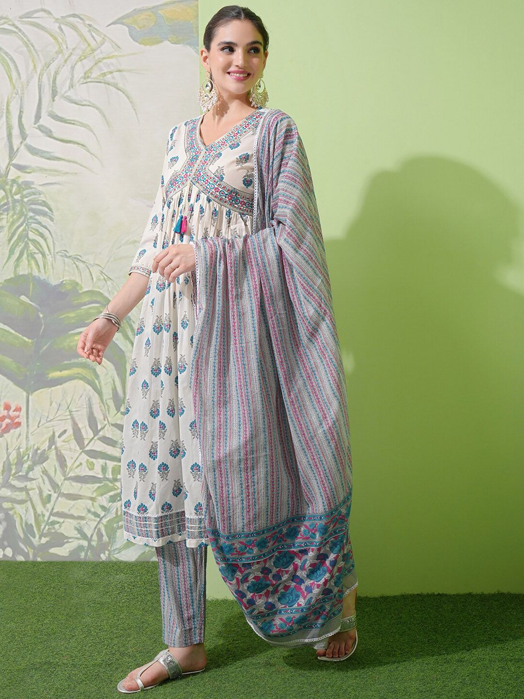 Vishudh White Floral Printed Pure Cotton A-Line Empire Kurta With Trousers & Dupatta