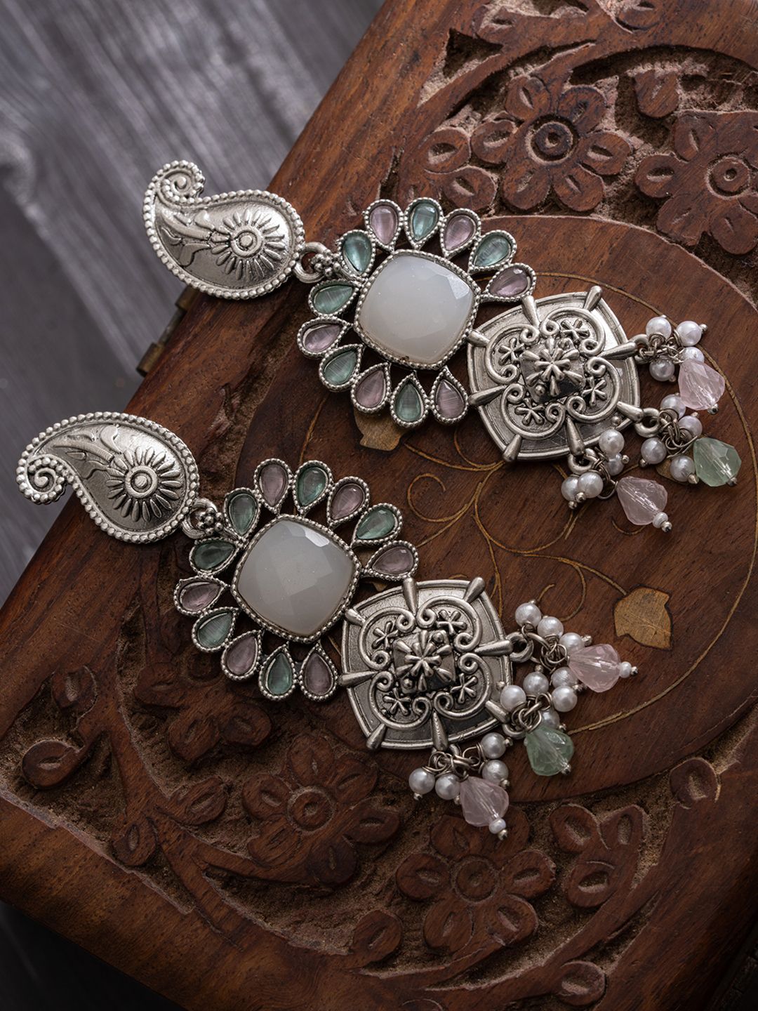 PANASH Silver-Plated Stones Studded And Beaded Contemporary Shaped Oxidised Drop Earrings