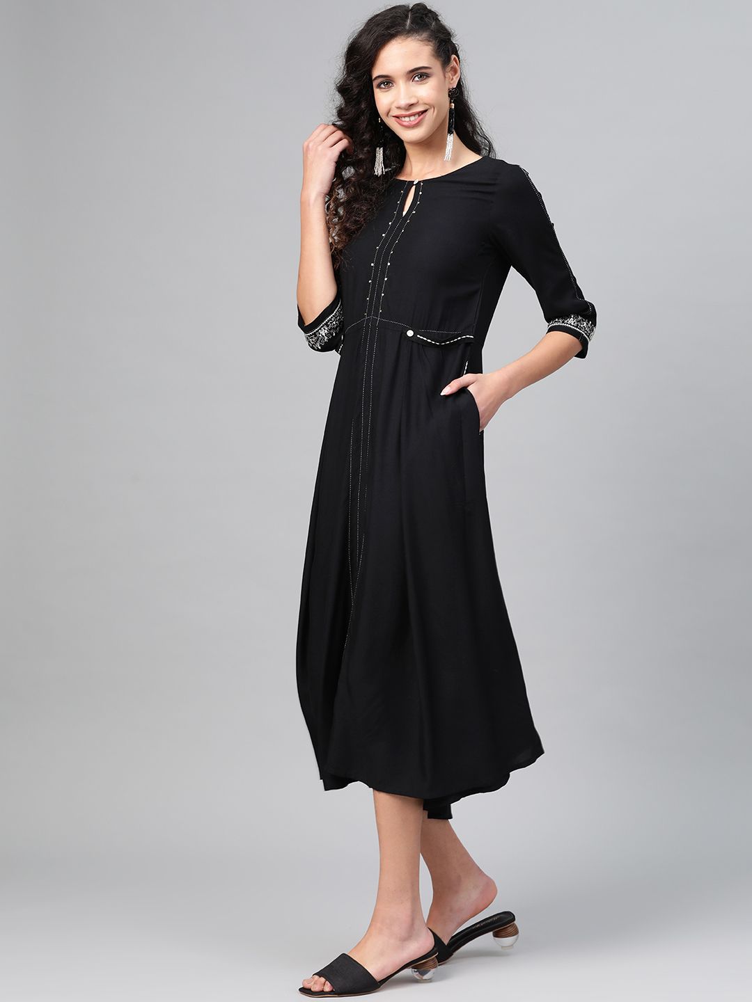 W Women Black Solid A-Line Dress