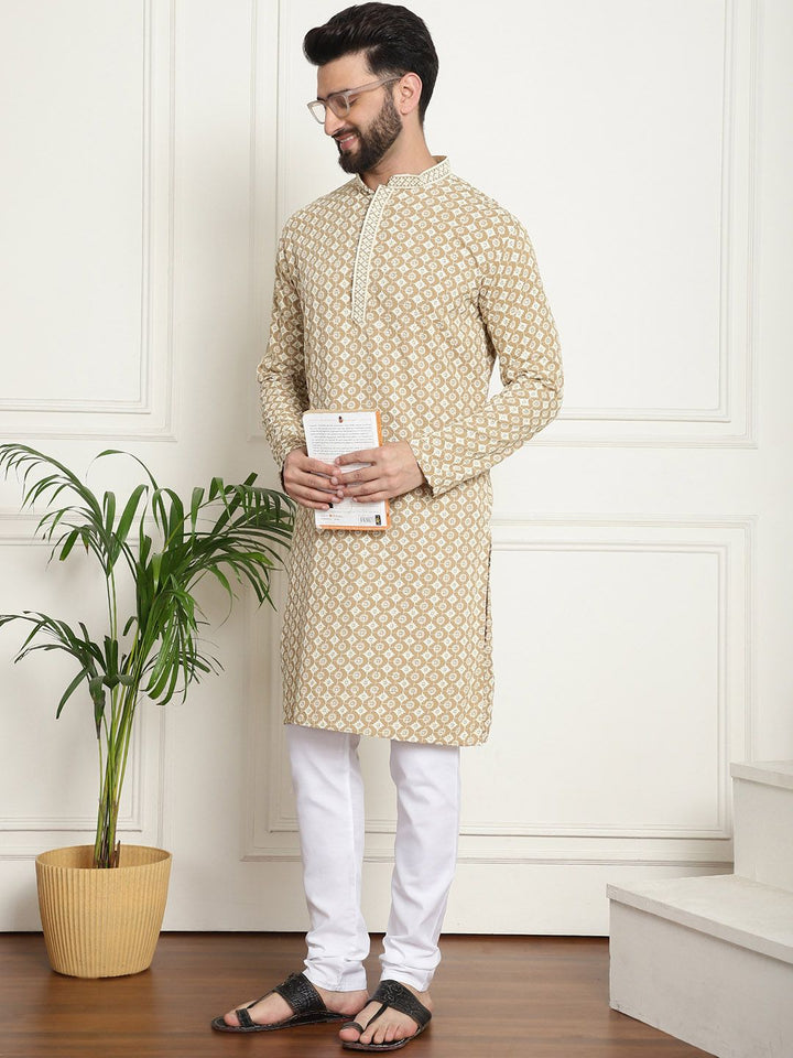 SOJANYA Ethnic Motifs Embroidered Mandarin Collar Sequined Pure Cotton Straight Kurta