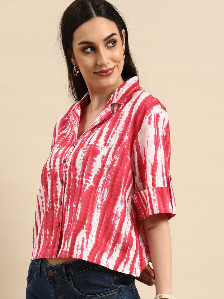 Anouk Pink Tie and Dye Print Roll-Up Sleeves Top